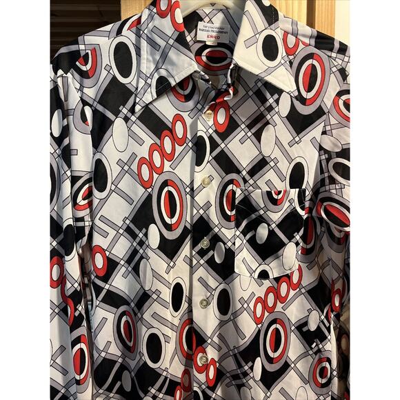 Enro Vintage Men’s M Gray Red Abstract Long Sleeve Button Down Nylon Disco Shirt - Picture 9 of 12